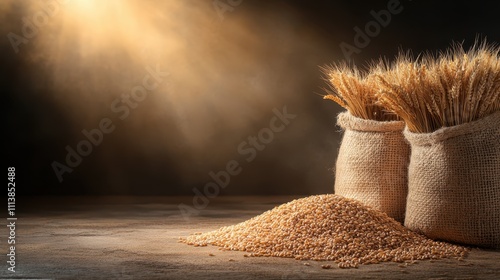 Burlap sacks brimming with golden grains and wheat are beautifully lit in a rustic setting, symbolizing the richness and abundance of harvest and rustic living. photo