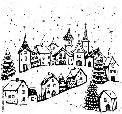 Christmas winter fairytale village, sketch illustration. 