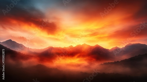 A breathtaking sunset casts vivid colors over a mountain range, creating an ethereal and captivating atmosphere with clouds engulfed in fiery hues.