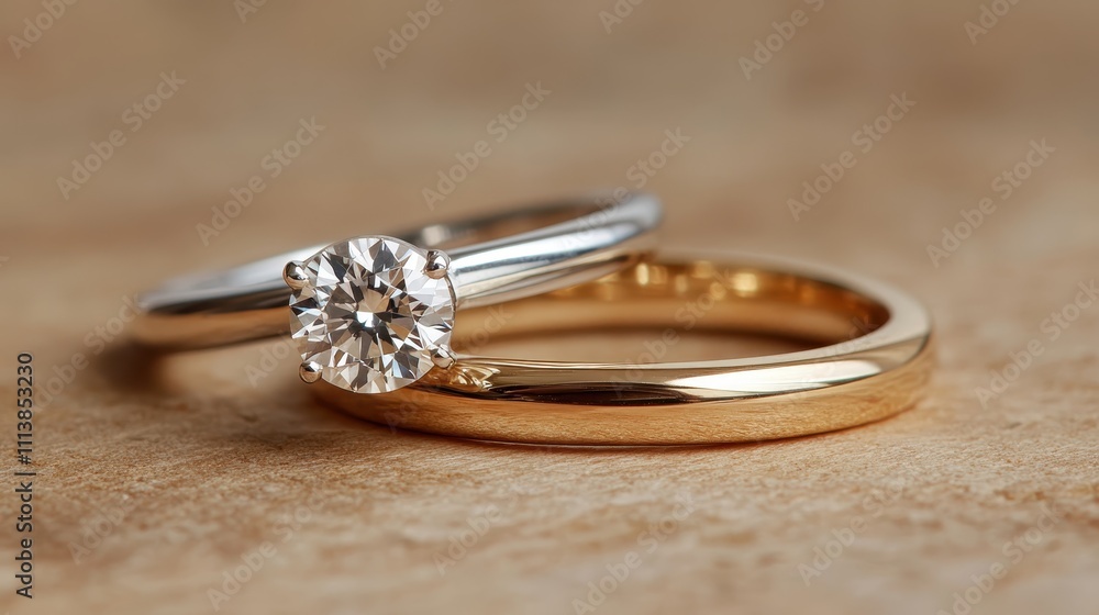 A pair of rings, one silver with a diamond and the other gold, resting on a textured background, symbolizing a commitment to love and a timeless union. A pair of rings, one silver with a diamond and the other gold, resting on a textured background, symbolizing a commitment to love and a timeless union.