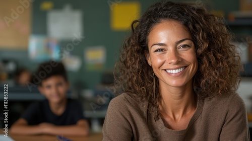 A smiling woman with curly hair is seated in a classroom, with a child visible in the background, embodying themes of education, warmth, and positivity.