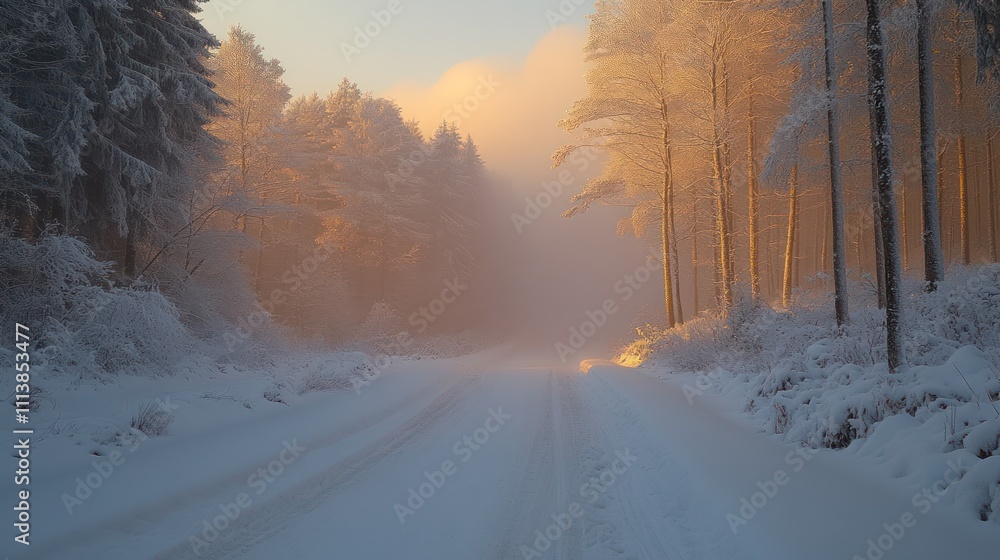 Magical winter sunrise illuminating a snow-covered road through a misty forest. Magical winter sunrise illuminating a snow-covered road through a misty forest.