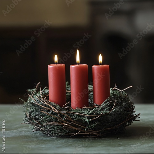 Red candles in a rustic twig wreath with evergreen accents