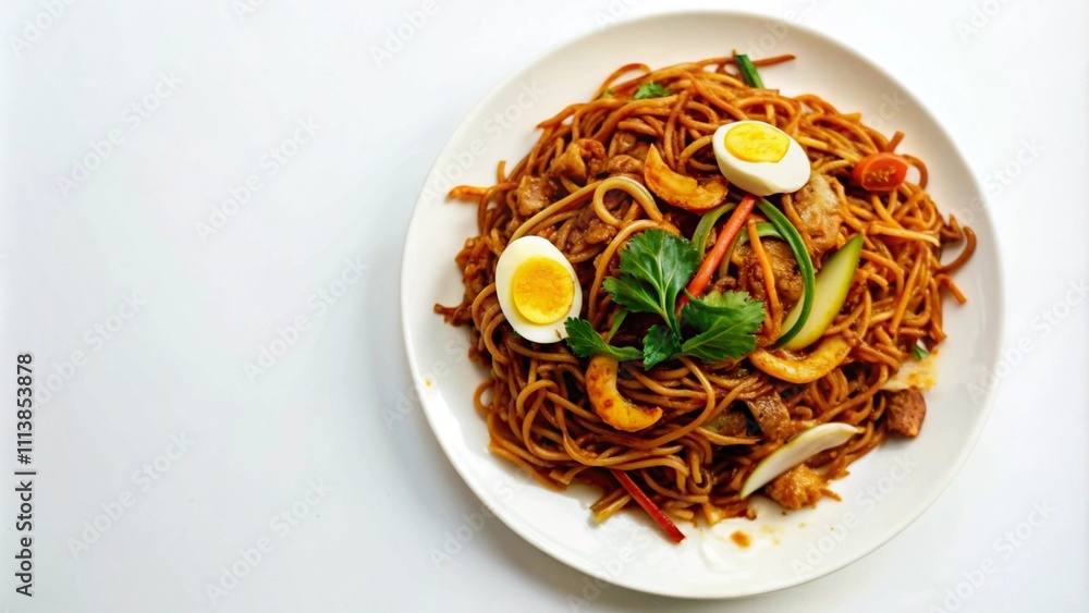 Stir-fried noodles with meat, vegetables, and egg on a white plate Stir-fried noodles with meat, vegetables, and egg on a white plate