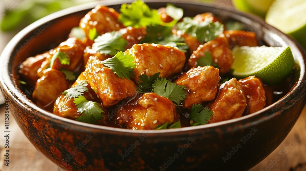 Sesame chicken served in a traditional Chinese bowl, garnished with fresh cilantro and a lime wedge Sesame chicken served in a traditional Chinese bowl, garnished with fresh cilantro and a lime wedge