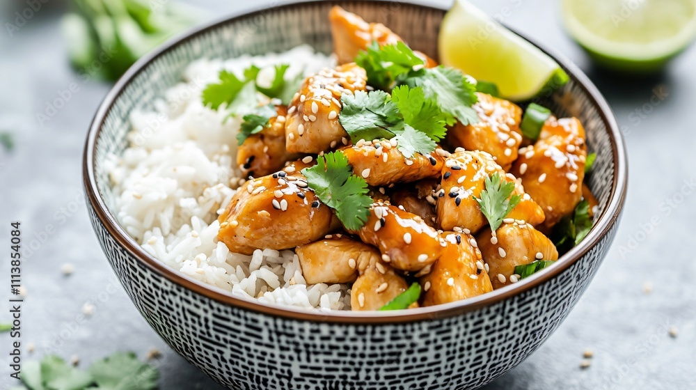 Sesame chicken served in a traditional Chinese bowl, garnished with fresh cilantro and a lime wedge Sesame chicken served in a traditional Chinese bowl, garnished with fresh cilantro and a lime wedge