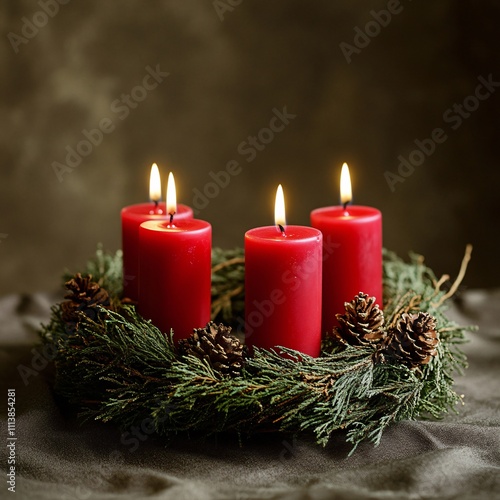 Red candles in an evergreen wreath with pinecones