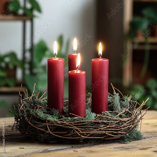 Red candles in a rustic twig wreath with evergreen accents