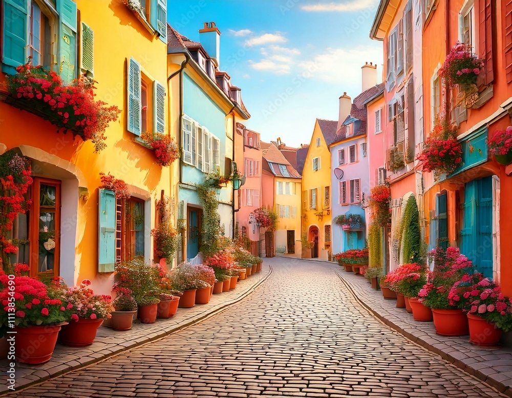 Fototapeta premium Illustration of a charming European street with cobblestone paths, flower pots, and pastel buildings.