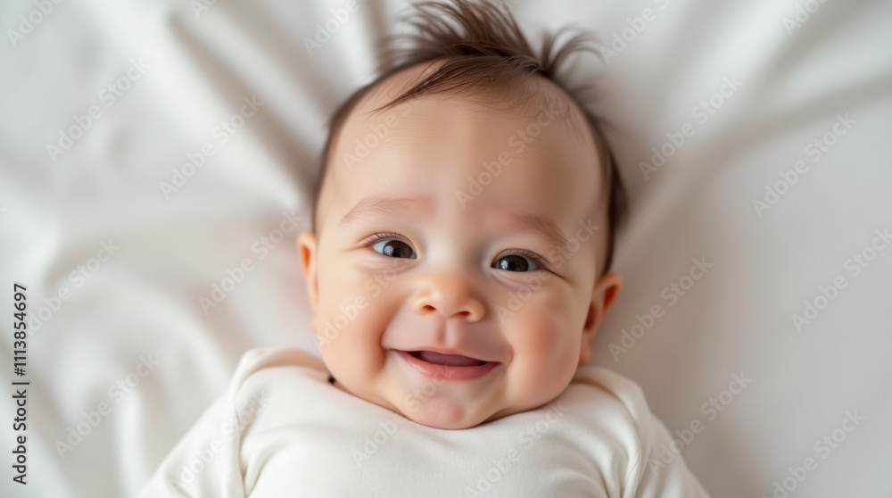Happy Baby Enjoying Soft White Blanket in Natural Light Happy Baby Enjoying Soft White Blanket in Natural Light