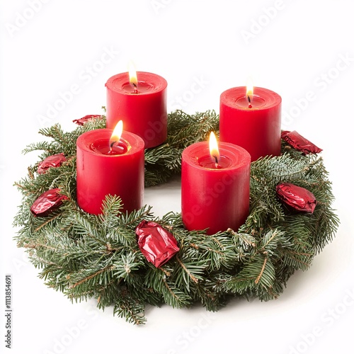 Red candles in an evergreen wreath with red ribbon accents