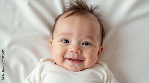 Happy Baby Enjoying Soft White Blanket in Natural Light