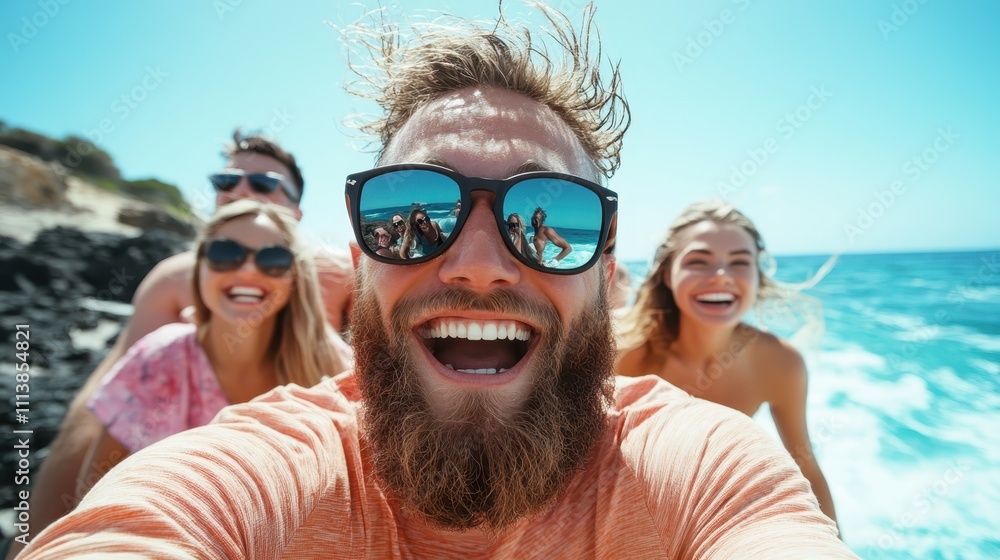 A bearded man takes a selfie with three smiling friends behind him, all enjoying a sunny day by the ocean with clear blue skies and the sea in the background. A bearded man takes a selfie with three smiling friends behind him, all enjoying a sunny day by the ocean with clear blue skies and the sea in the background.