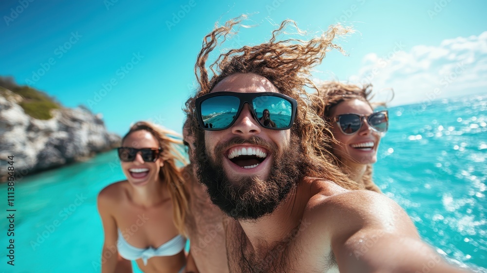 Two women and a man with sunglasses enjoy a sunny day by crystal clear blue waters, embodying joy, friendship, and carefree summer adventure vibes. Two women and a man with sunglasses enjoy a sunny day by crystal clear blue waters, embodying joy, friendship, and carefree summer adventure vibes.