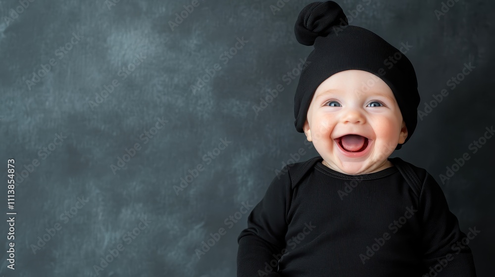 A heartwarming image of an adorable baby dressed in a black outfit, looking joyful with a wide smile, captured against a dark textured background. A heartwarming image of an adorable baby dressed in a black outfit, looking joyful with a wide smile, captured against a dark textured background.