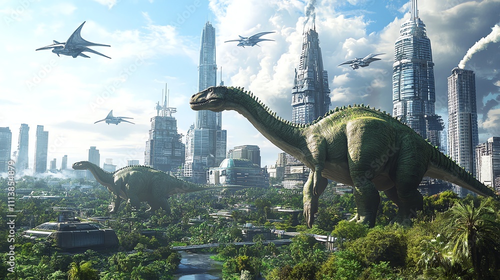 Fototapeta premium A dinosaur walks through a futuristic city.