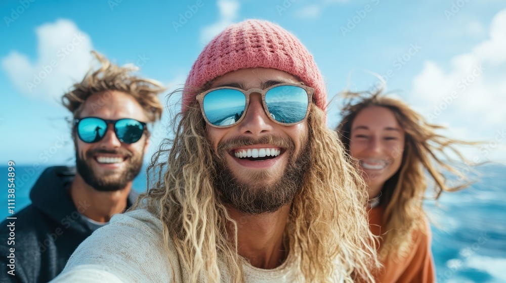 Three friends, one in a pink hat, happily take a selfie on a boat deck with the expansive ocean under a bright blue sky, embodying the spirit of adventure. Three friends, one in a pink hat, happily take a selfie on a boat deck with the expansive ocean under a bright blue sky, embodying the spirit of adventure.