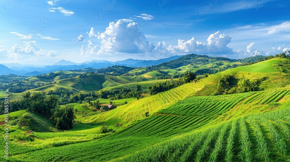 Fototapeta premium Lush Green Terraced Rice Fields Mountain Landscape