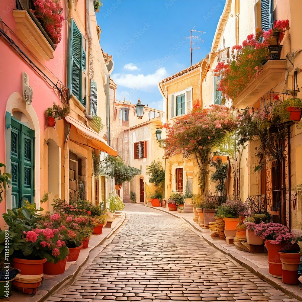 Illustration of a charming European street with cobblestone paths, flower pots, and pastel buildings. Illustration of a charming European street with cobblestone paths, flower pots, and pastel buildings.