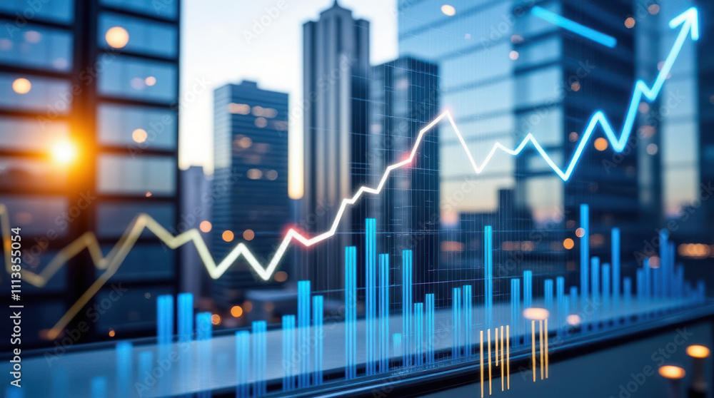 Modern Cityscape With Glowing Financial Graph Overlay During Sunset Modern Cityscape With Glowing Financial Graph Overlay During Sunset