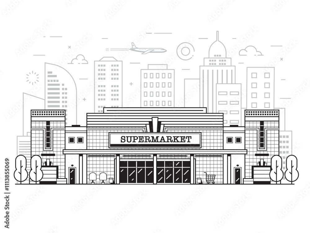 Supermarket or Grocery Store Building in Line Art