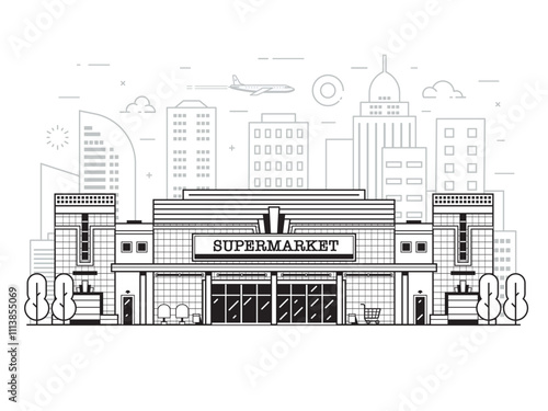 Obraz na płótnie Supermarket or Grocery Store Building in Line Art w salonie