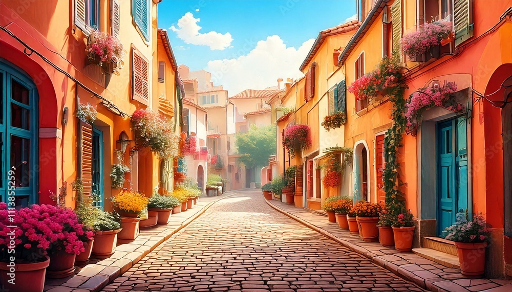 Fototapeta premium Illustration of a charming European street with cobblestone paths, flower pots, and pastel buildings.