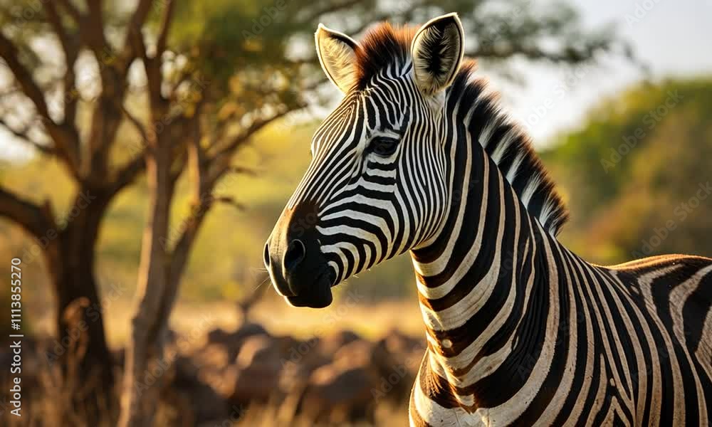 Majestic zebra encounters golden sunset in serene savannah landscape with lush trees around Majestic zebra encounters golden sunset in serene savannah landscape with lush trees around
