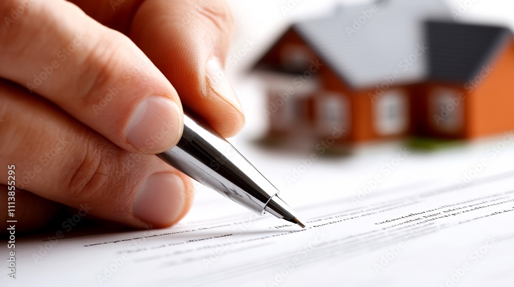 Hand signing real estate documents with pen. A person signs paperwork for house purchase or rental. Small model house in the background. Hand signing real estate documents with pen. A person signs paperwork for house purchase or rental. Small model house in the background.