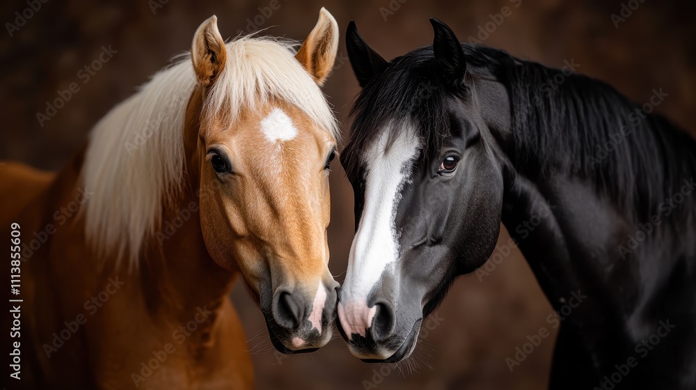 Heartwarming view of two friendly horses pressing faces together, revealing their companionship, affection, and the tranquil beauty found in the equestrian world. Heartwarming view of two friendly horses pressing faces together, revealing their companionship, affection, and the tranquil beauty found in the equestrian world.