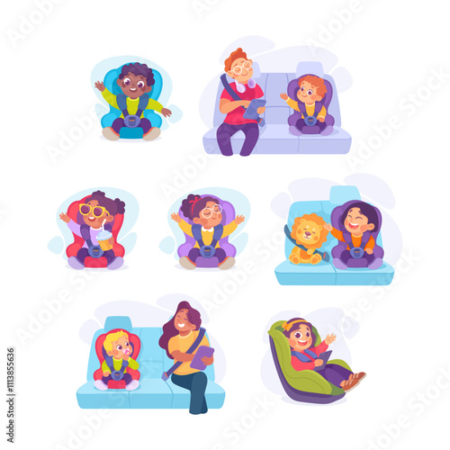 Little Boy and Girl on Seat with Safety Belt with Man and Woman Vector Illustration Set