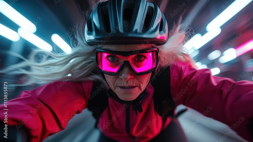 A focused cyclist wearing a helmet and pink goggles races through a night-lit city, showcasing energy, speed, and the thrill of urban cycling. Bold and vibrant action. A focused cyclist wearing a helmet and pink goggles races through a night-lit city, showcasing energy, speed, and the thrill of urban cycling. Bold and vibrant action.