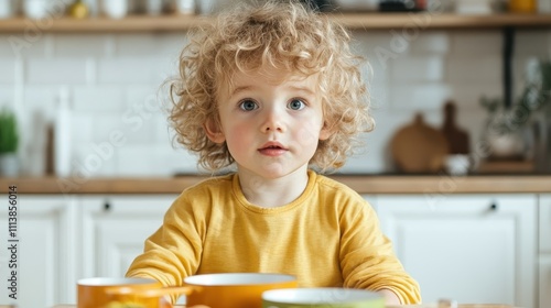 A child with curly hair sits at a kitchen table, showing innocence and curiosity in a bright setting with orange and white tones defining the kitchen. photo