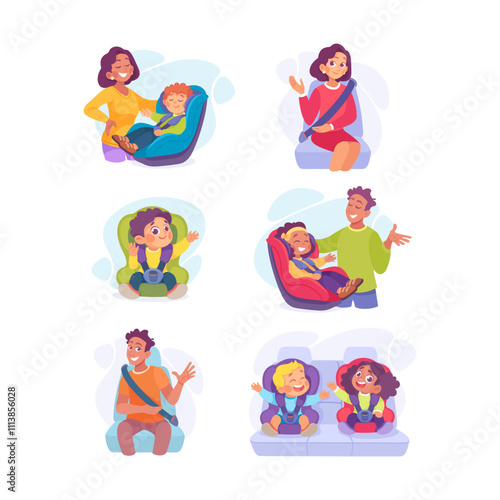 Little Boy and Girl on Seat with Safety Belt with Man and Woman Vector Illustration Set