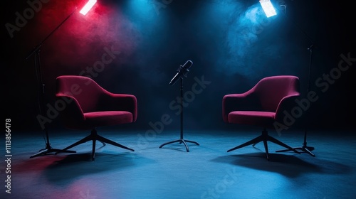 An artistic podcast setup, featuring two sleek red chairs and microphones against vivid red and blue lighting, creating a dynamic interviewing environment. photo