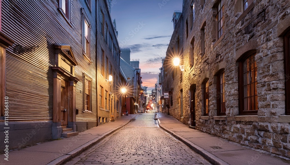 Obraz premium A Quiet Crossing: The Allure of Quebec’s Dusk-lit Alleys