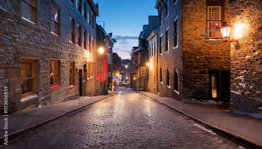 Fototapeta premium Dusk's Embrace: Narrow Alleys Converge in Quebec’s Historic Heart