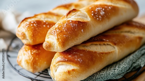 Three golden-brown artisan bread loaves with a perfect crust, sprinkled with sea salt, arranged on a cooling rack, evoking a warm, wholesome, and comforting atmosphere. photo