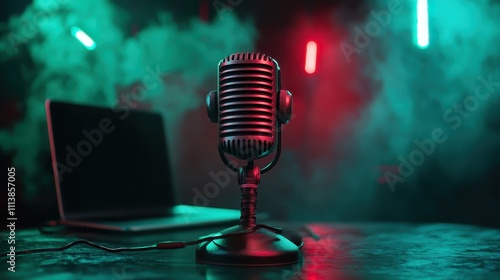 A vintage microphone stands out against a smoky background, accented by vivid red and blue lighting that creates a dramatic and electrifying atmosphere.