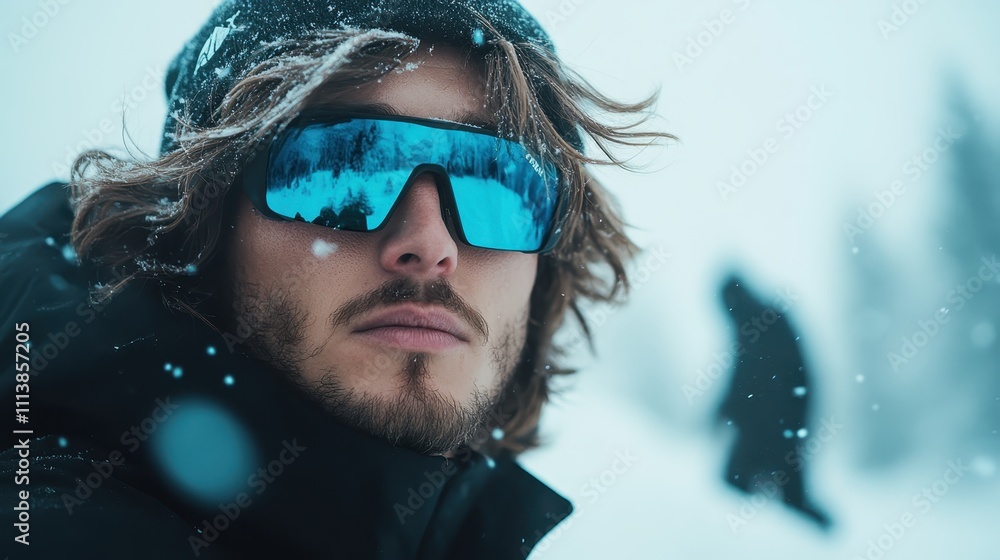 Sporting long hair and dark winter clothing, a man stands with confidence as snowflakes fall around him, reflecting individuality and style in a snowy environment. Sporting long hair and dark winter clothing, a man stands with confidence as snowflakes fall around him, reflecting individuality and style in a snowy environment.