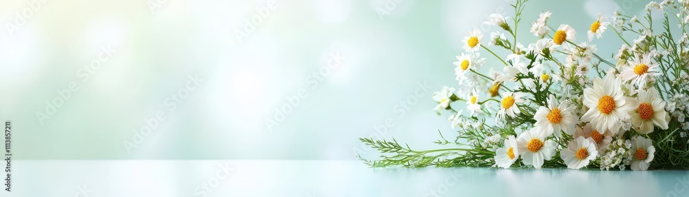 Obraz premium A serene floral arrangement featuring daisies against a soft, blurred background, evoking a sense of calm and freshness.