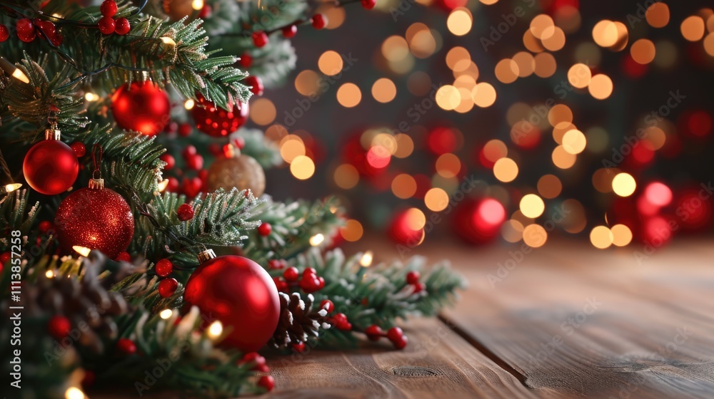 Christmas tree with red ornaments and lights. The tree is surrounded by a wooden background Christmas tree with red ornaments and lights. The tree is surrounded by a wooden background