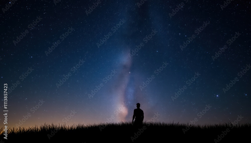 Silhouetted person gazing at the Milky Way galaxy under a dark night sky filled with stars. Silhouetted person gazing at the Milky Way galaxy under a dark night sky filled with stars.