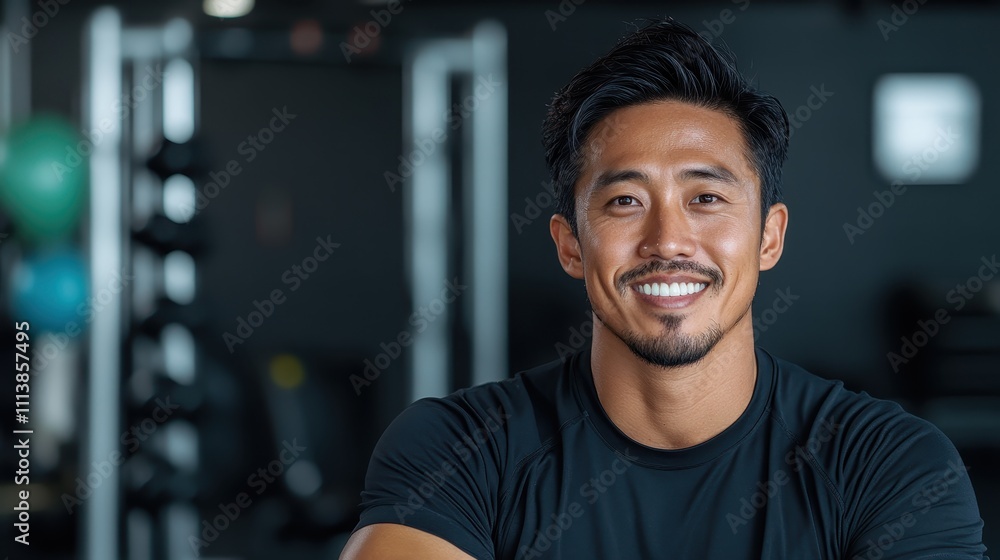 A fit man with a positive expression stands confidently in a gym environment, conveying energy and motivation, with gym equipment blurred in the background. A fit man with a positive expression stands confidently in a gym environment, conveying energy and motivation, with gym equipment blurred in the background.