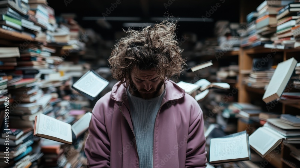A man with unruly hair, wearing a purple coat, stands amidst a chaotic flurry of books seemingly floating around him in a dimly lit library environment. A man with unruly hair, wearing a purple coat, stands amidst a chaotic flurry of books seemingly floating around him in a dimly lit library environment.