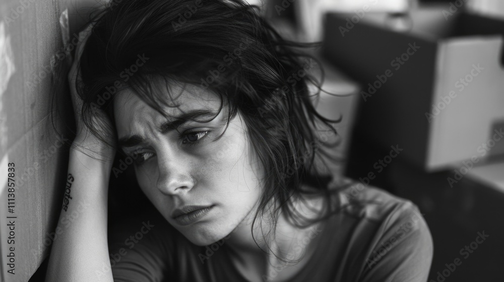 Woman is crying and has a tattoo on her arm. She is leaning against a wall. Scene is sad and emotional Woman is crying and has a tattoo on her arm. She is leaning against a wall. Scene is sad and emotional