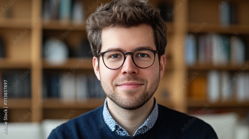 Fototapeta premium Young Man Wearing Glasses Smiles Gently