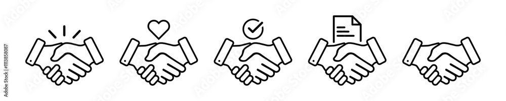 Handshake icon set. business agreement handshake icon collection, Outline black friendly handshake contract partnership deal symbol for apps, ui, web design element. Transparent vector illustration Handshake icon set. business agreement handshake icon collection, Outline black friendly handshake contract partnership deal symbol for apps, ui, web design element. Transparent vector illustration