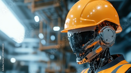 A futuristic robot, adorned in a helmet, is depicted in an industrial setting, symbolizing technological advancement and the future of automated workforces. photo