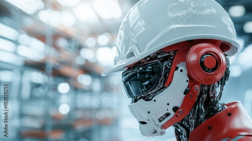 An advanced robot featuring red accents operates in a tech warehouse setting, capturing the essence of robotic intelligence and futuristic industrial environments. photo